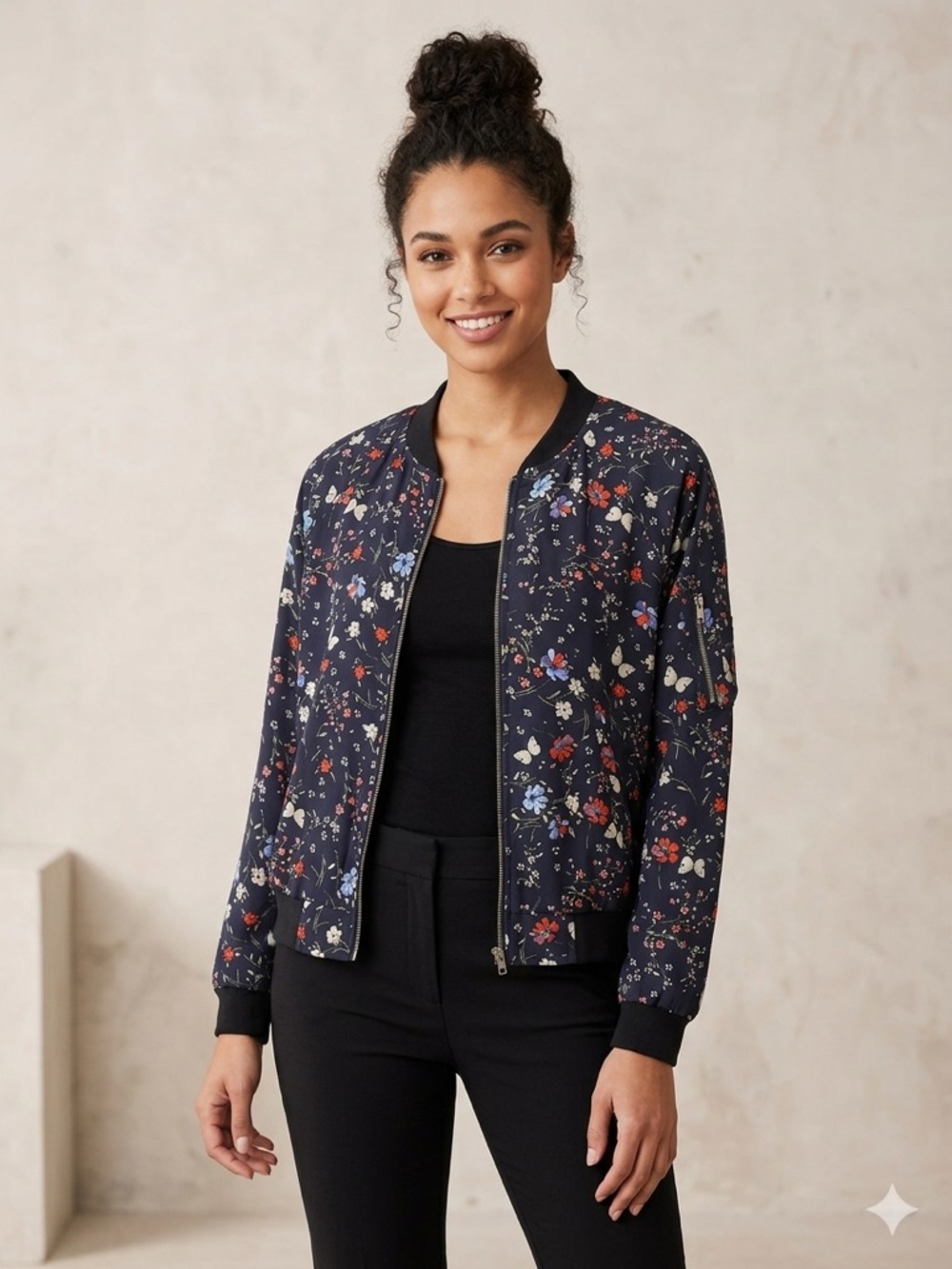 Sanctuary Navy Floral Bomber Jacket with Red & Blue Accents